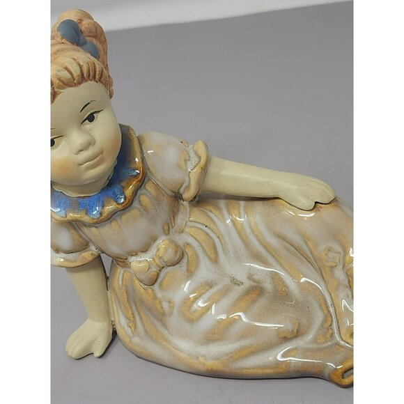 Vintage Handcrafted Ceramic Girl Figurine Dress Pigtails Blue Bow & Brown Shoes‎ - Picture 8 of 11
